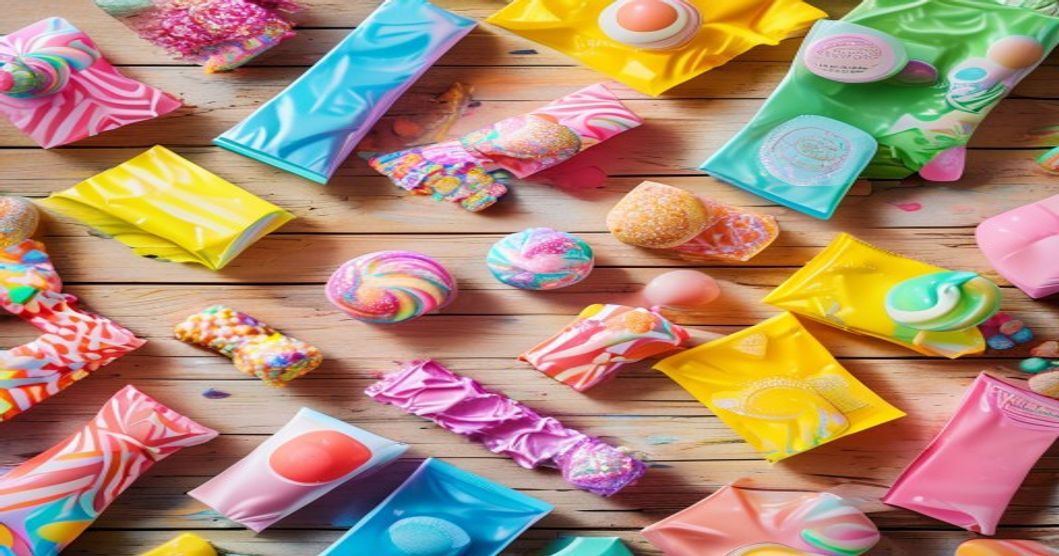 An assortment of colorful Korean candy and sweets arranged on a wooden surface, showcasing various popular treats and convenience store finds