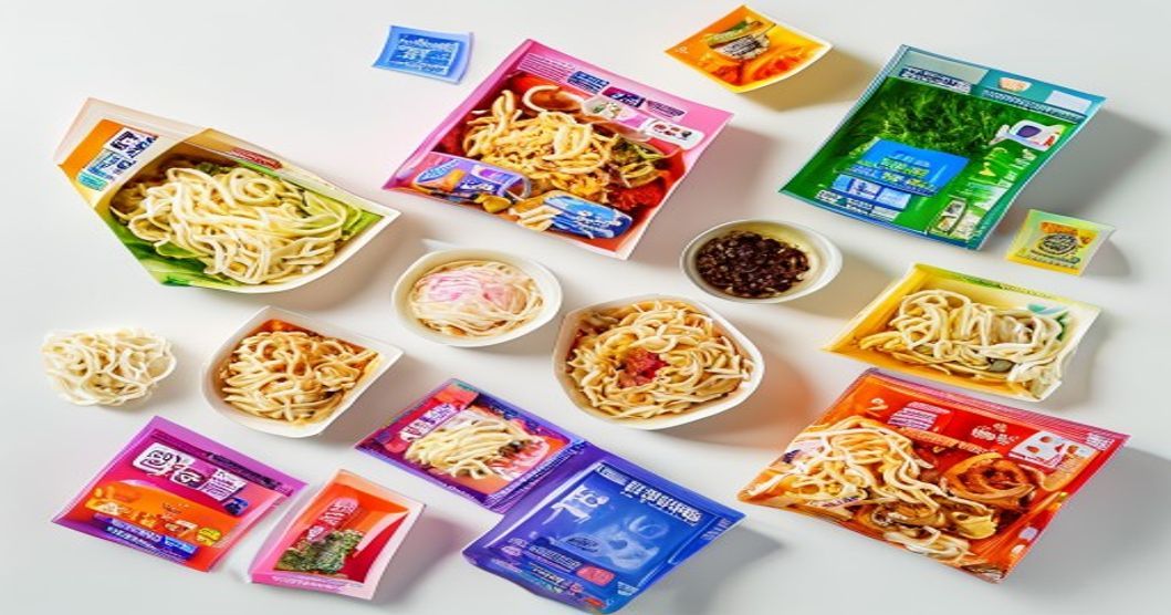 Collection of best Korean ramen snacks and instant noodle packages displayed flat-lay style with opened flavor packets