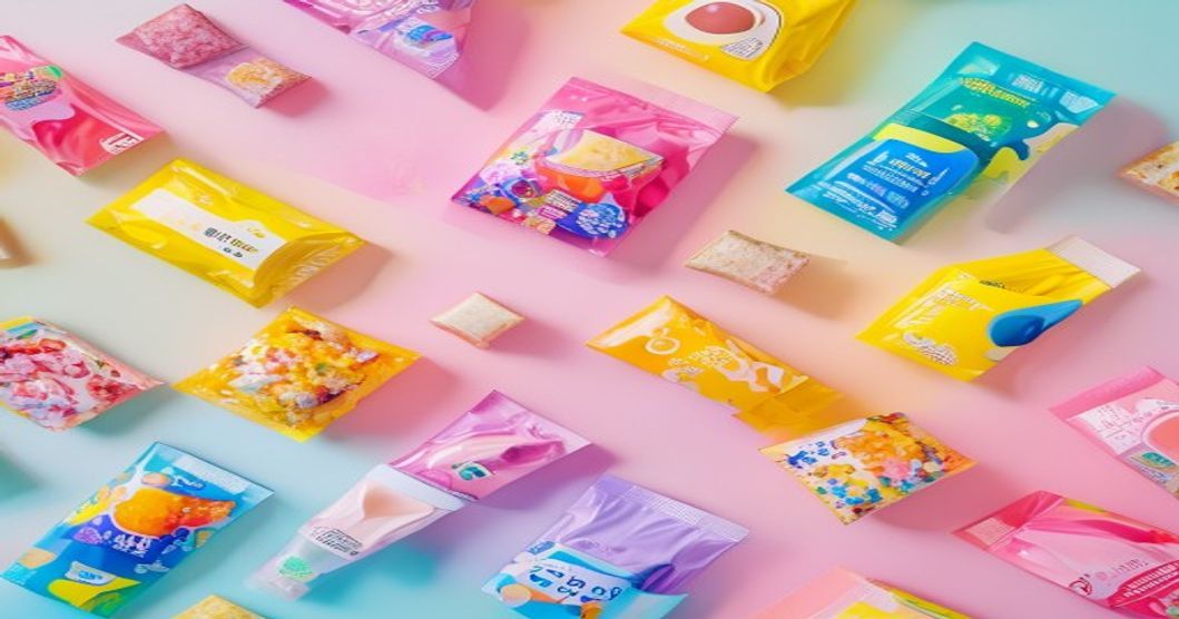 Overhead flat-lay of colorful Korean snack packages and wrappers showing diverse flavors and vibrant packaging styles
