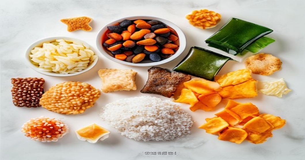 Colorful flat-lay of Korean snack packages arranged top-down, Korean snack alternatives to American chips for kids' lunchboxes