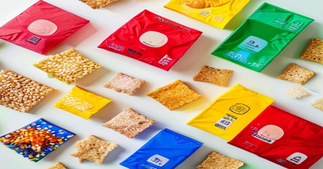 Korean rice snacks and crackers in colorful packaging arranged in a flat-lay, displaying crispy texture and vibrant convenience store product designs