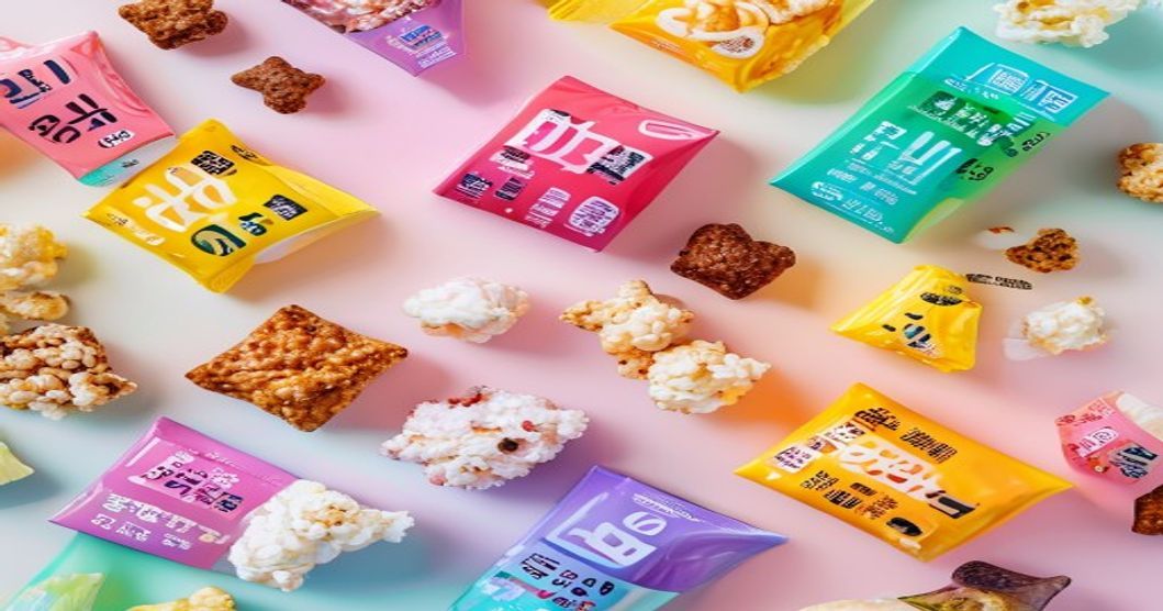 Top-down flat-lay of garlic-free Korean snacks from convenience stores with colorful packaging