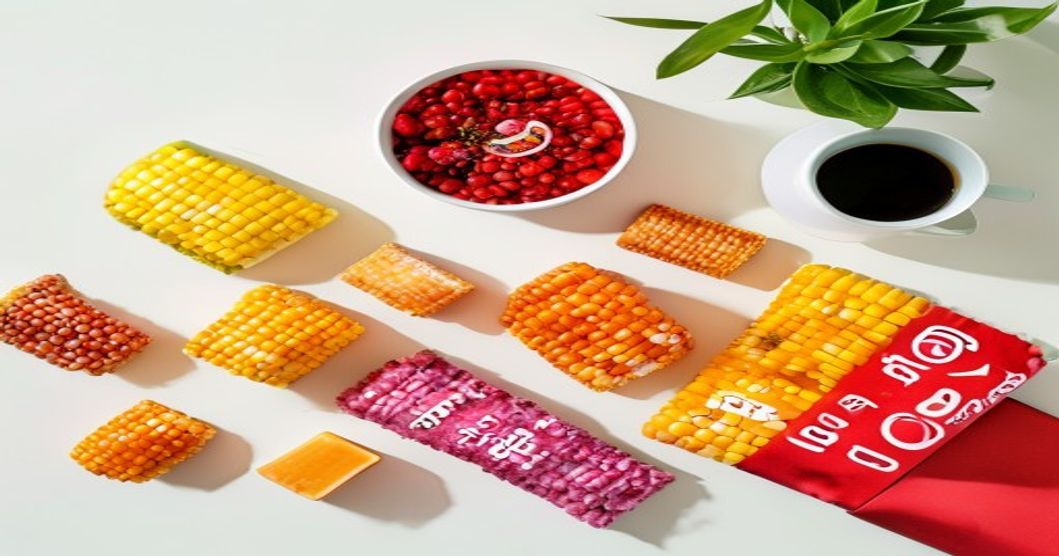 Flat-lay of Korean corn snacks on office desk including various colorful packages
