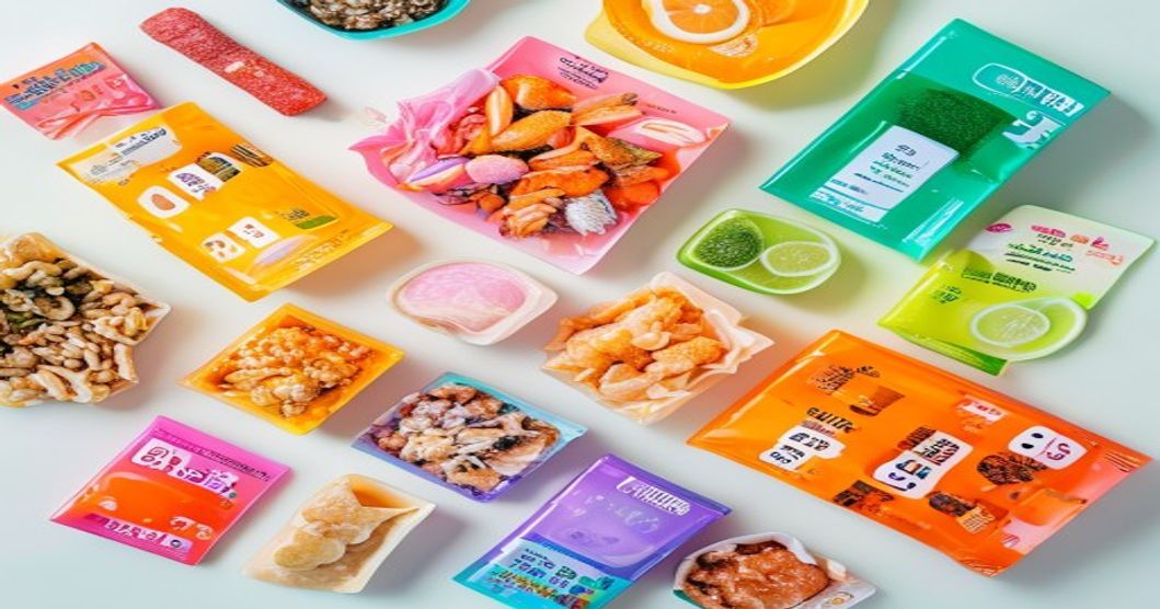 Korean snacks with seafood flavoring arranged in a flat-lay, colorful packaging for commuters
