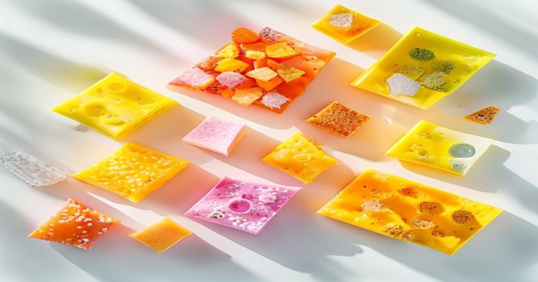 Assorted Korean cheese-flavored snacks in bright packaging arranged flat-lay style with a smartphone to show clean screen for commuters