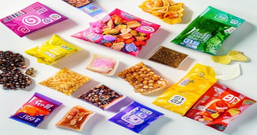 Top-down flat-lay of colorful Korean snack packages with visible ingredient labels and allergen warnings