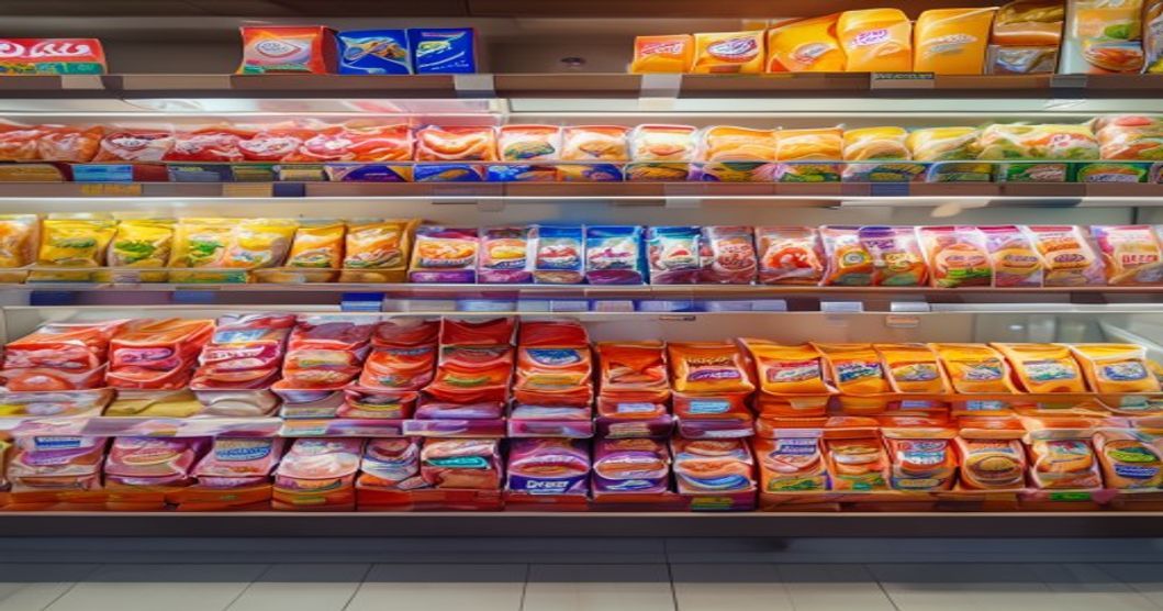 Korean convenience store shelf packed with rows of colorful snack packages displaying different brands and flavors