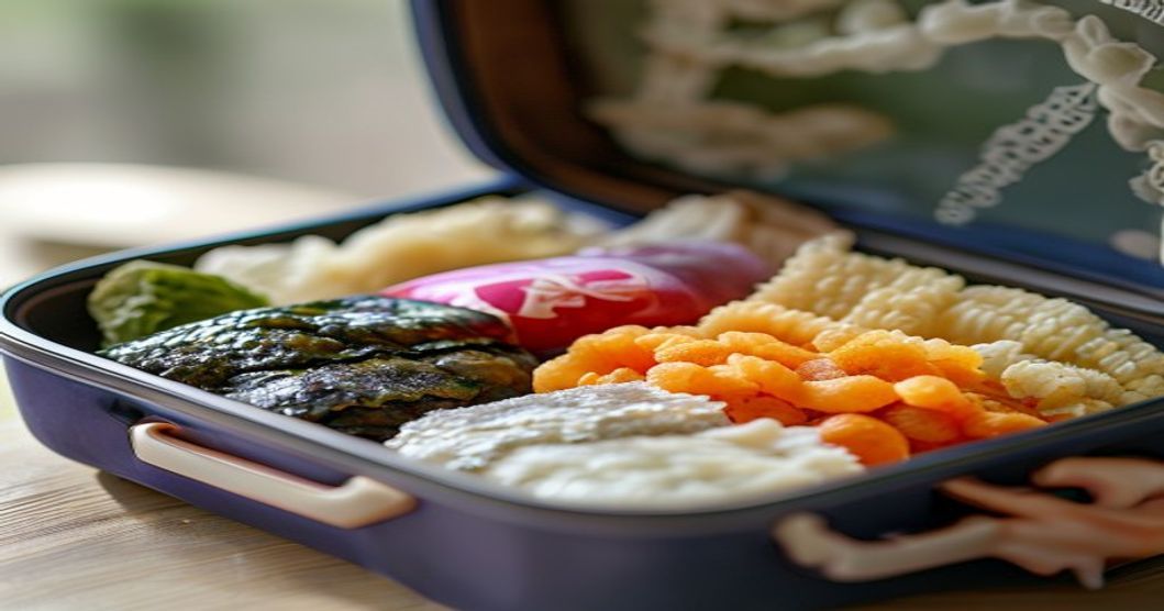 Open lunchbox with Korean snacks neatly packed, showing seaweed sheets, rice crackers, and dried fruit alternatives to American chips