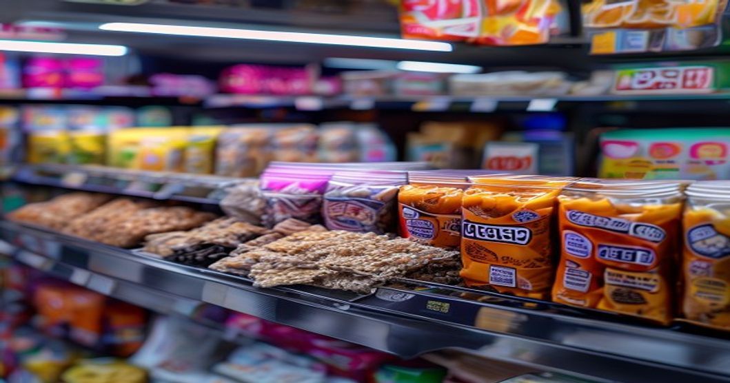 Korean convenience store snack shelf with variety of green tea-friendly options