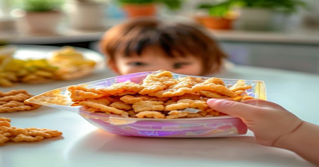Toddler enjoying Korean vegetable powder snacks from an opened pouch