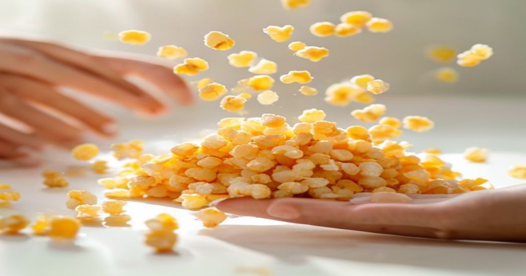 Close-up of Korean corn snack pieces on work desk showing texture and zero grease residue