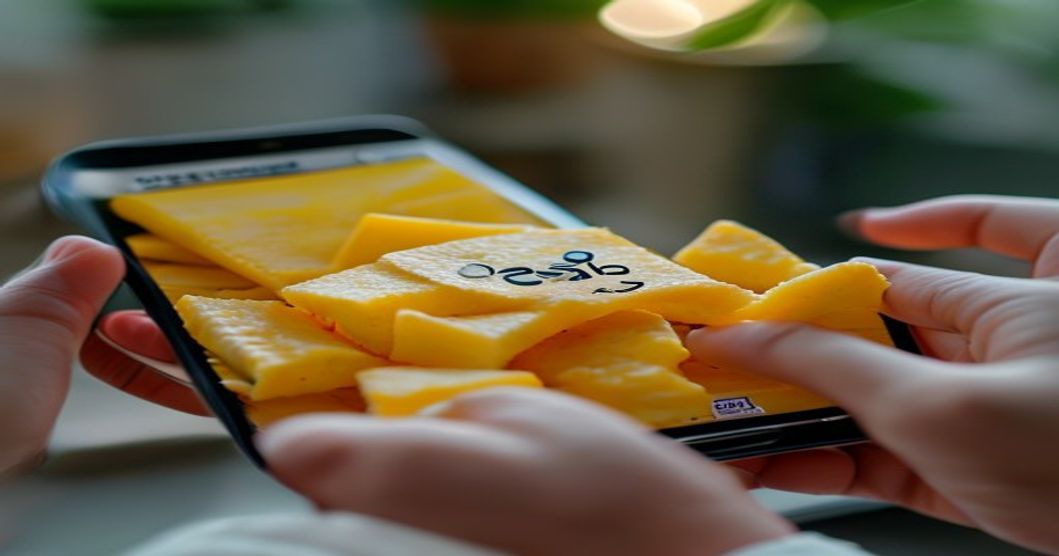 Hands holding Korean cheese snack with smartphone screen visible showing no grease or powder residue