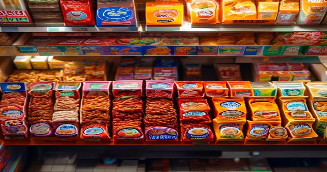 Korean convenience store shelf with instant ramyeon and snack products showing typical retail shelf pricing
