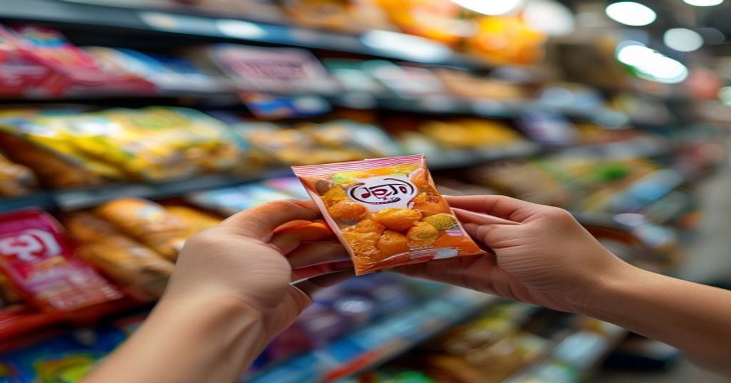 Person selecting Korean sweet potato snack from convenience store shelf for diabetic-friendly snacking