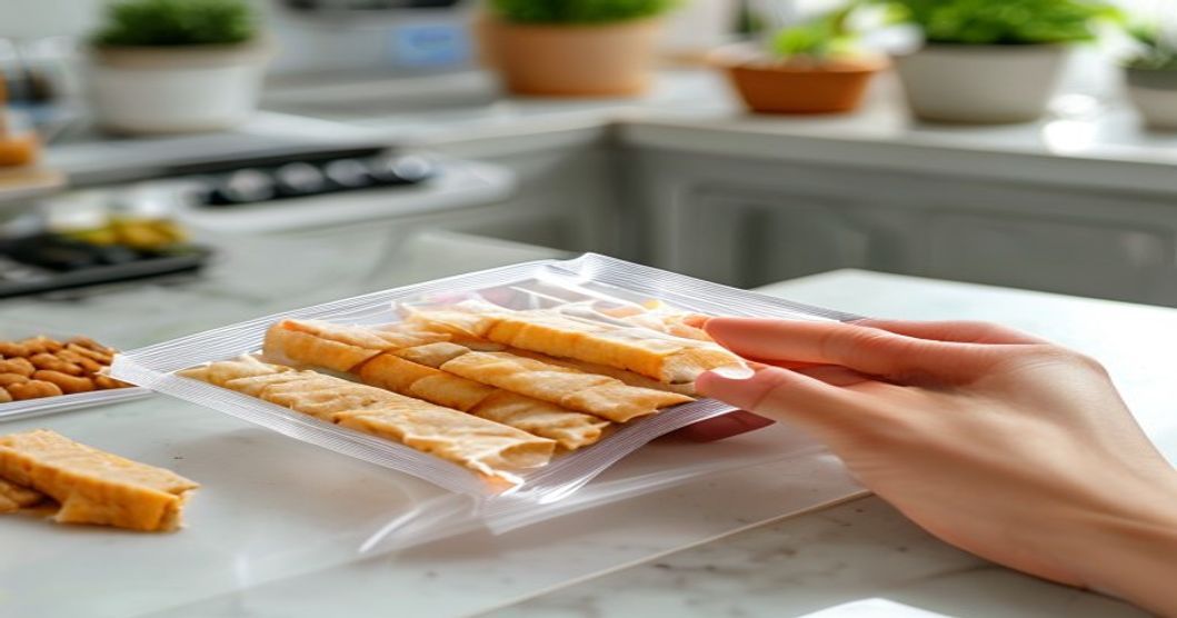 Properly resealing an opened Korean snack package using a clip or ziplock method.