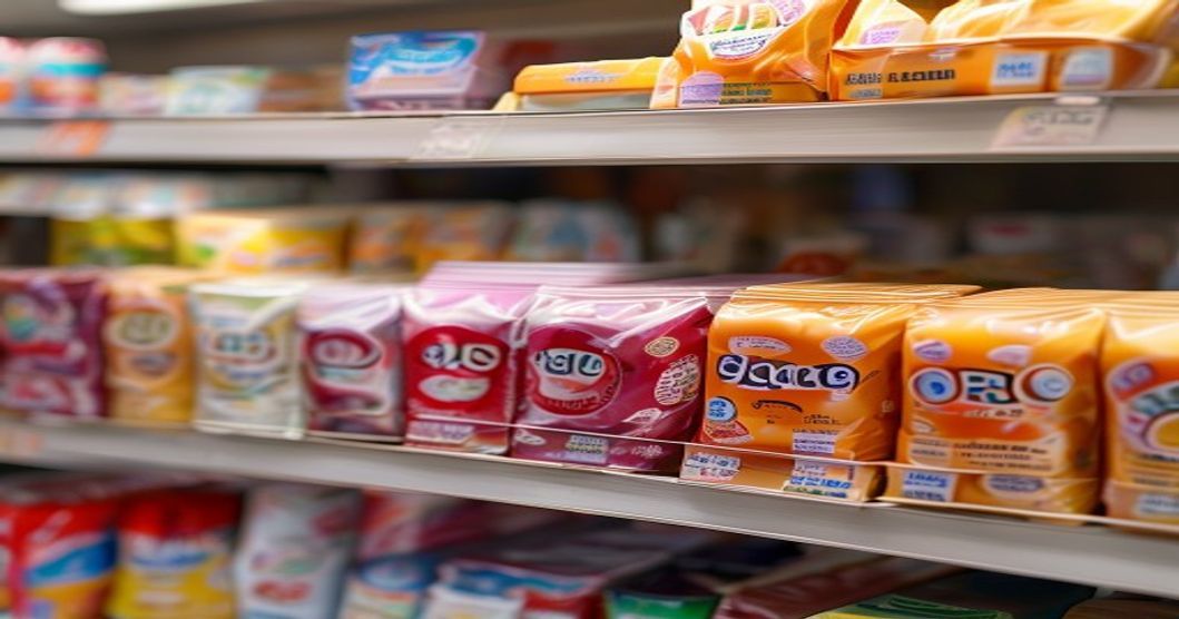 Korean convenience store shelf displaying mild snacks, crackers, and sweet treats without spicy red packaging