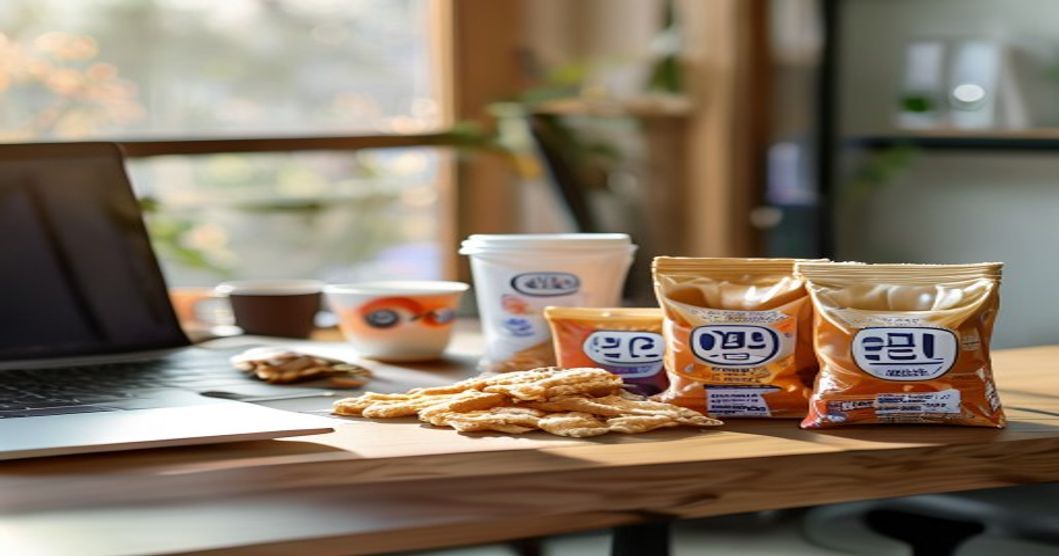 Korean snacks on an office desk next to work essentials, perfect for workplace snacking