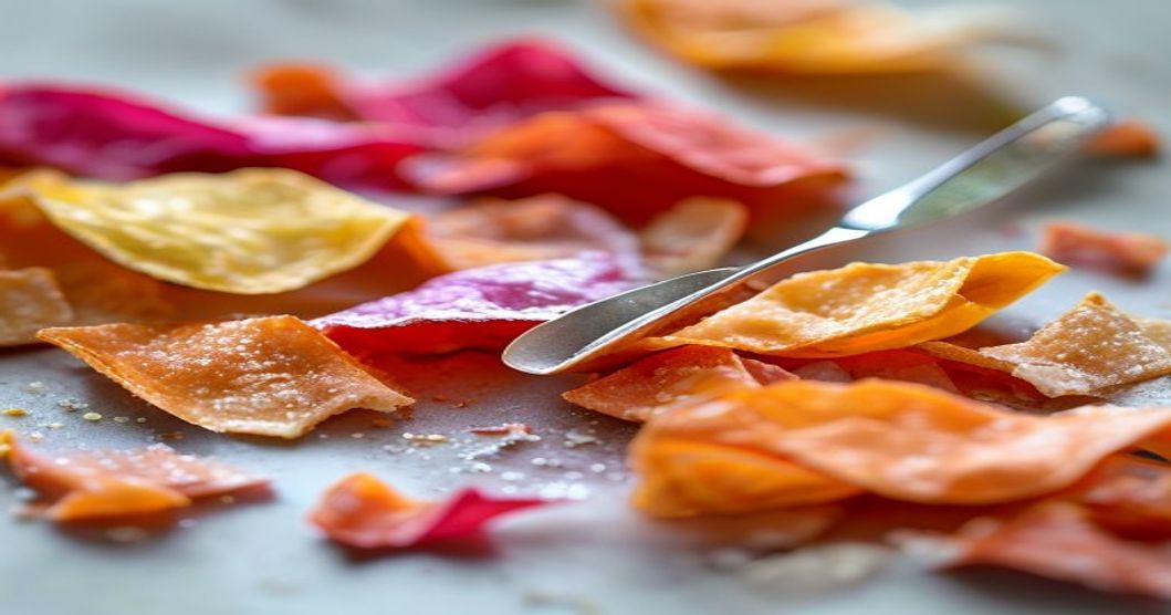 Detail view of opened Korean snack wrappers and pieces showing different textures and flavors in a taste test arrangement