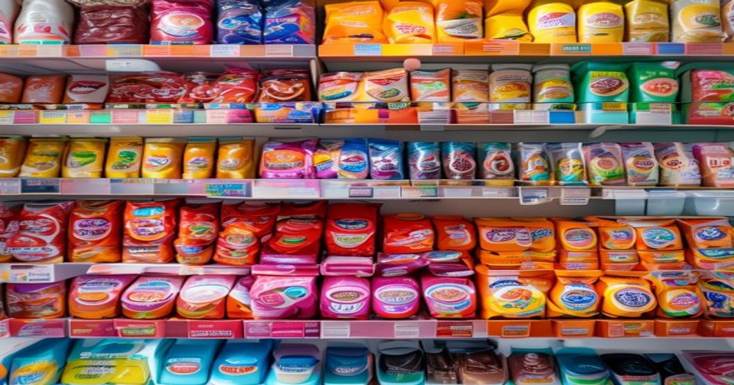 Korean convenience store snack shelf display with multiple packaged snack options and colorful branding