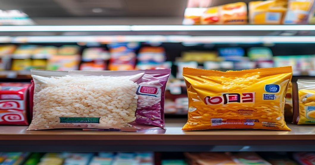 Korean rice snacks displayed next to potato chip brands on a store shelf, showing packaging differences and product variety