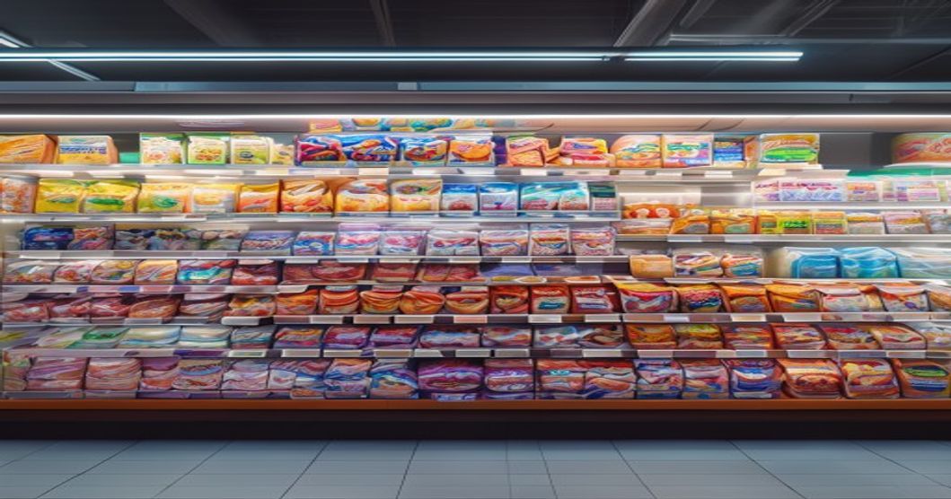 Korean convenience store shelves stocked with various packaged snack options