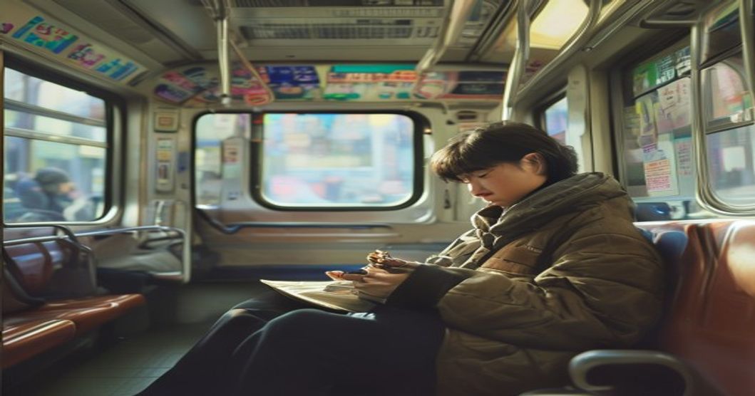 Commuter on public transit eating Korean cheese snacks while holding a clean smartphone, practical daily scenario