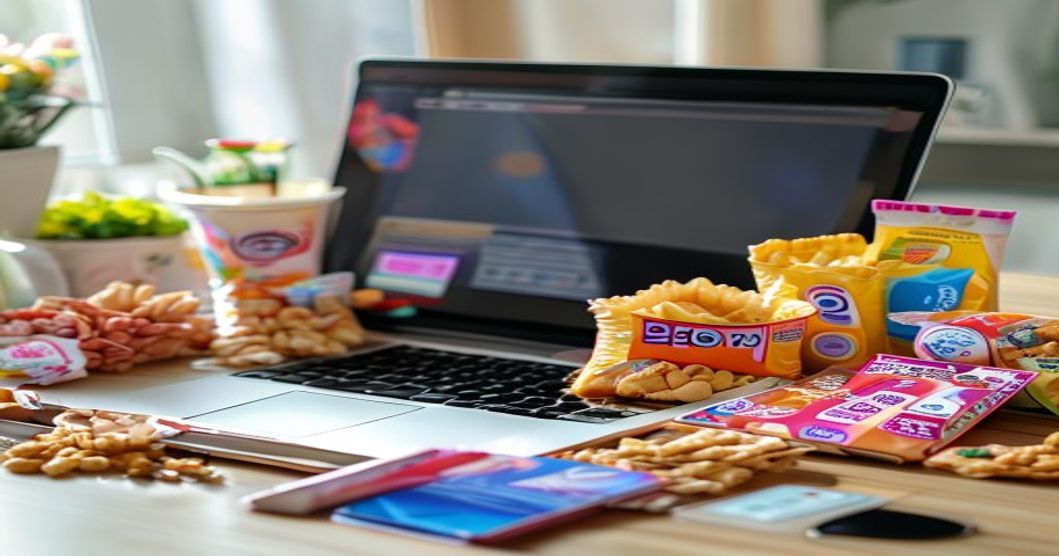 Online shopping comparison for Korean snacks with laptop and mobile device showing e-commerce pricing