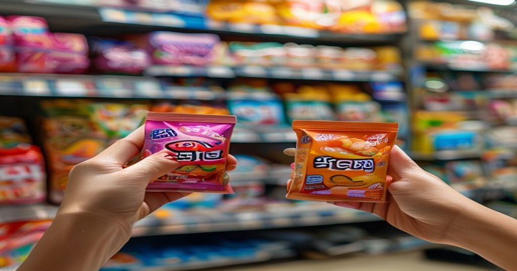 Person comparing Korean snack packages in convenience store to check labels and ingredients