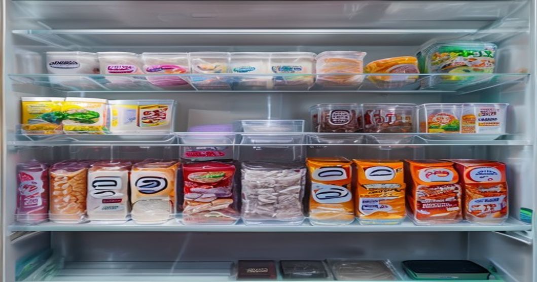 Organized refrigerator storage for opened Korean snacks in airtight containers.