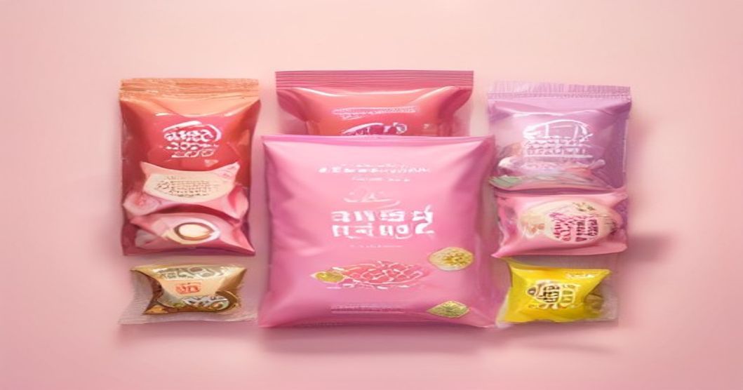 Flat-lay of mild Korean snacks in colorful packaging arranged on a pastel background, top-down view for snack selection